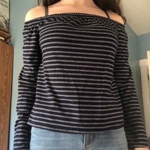 Navy Blue and White Off-The-Shoulder Shirt